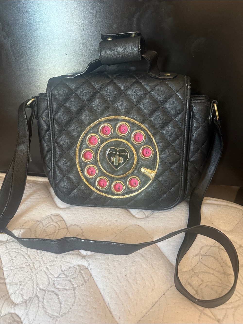 Betsey Johnson Black Quilted Crossbody with Pink Dial Detail Sold as is on pic